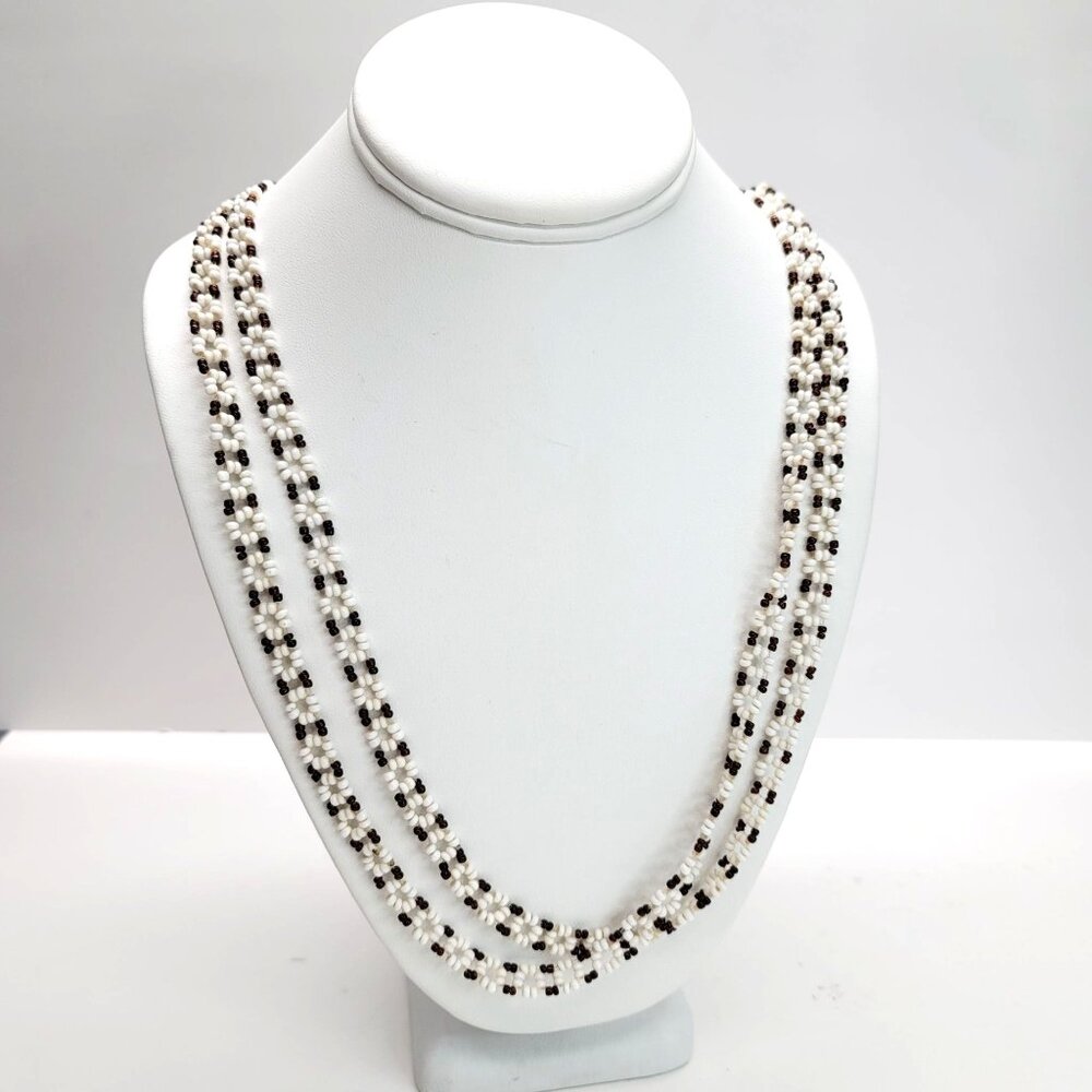 Vintage Microbead Necklace Brown and White Floral Lei Handcrafted LI51